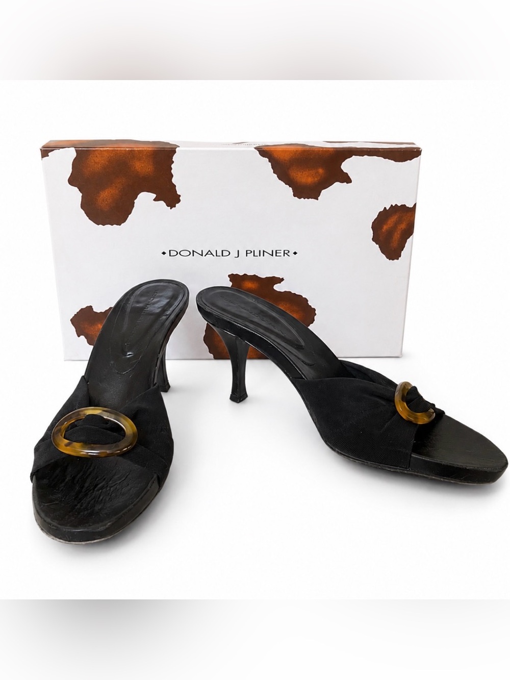 Donald J. Pliner Black Knot Mule with Tortoiseshell Buckle with 3" heels